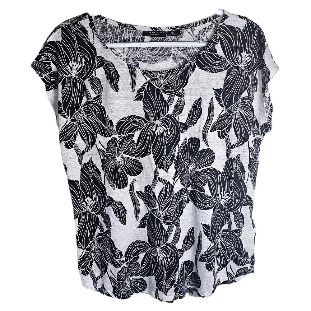 Tahari 100% Linen Floral Blouse-Short Sleeve, Black & White Casual Summer Top, L